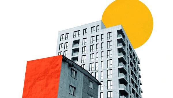 Zeichnung von Wohnblöcken mit einer Gelben Sonne am Himmel