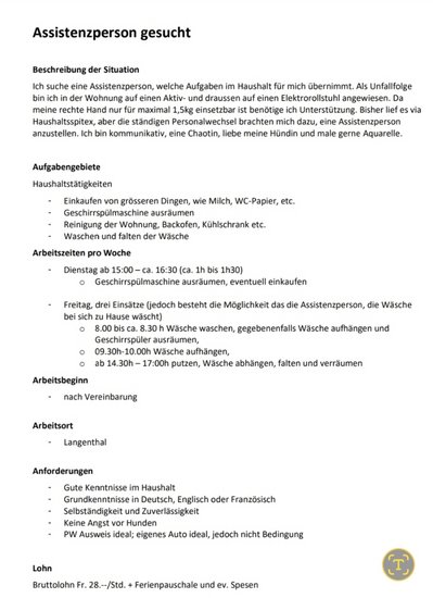 Assistenzperson gesucht, Einsatzort Langenthal 