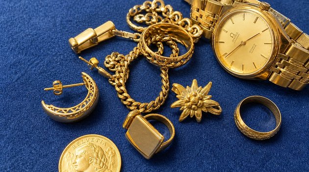 Verschiedene Altgold-Schmuckstücke, eine goldene Armbanduhr und eine Helvetia-Goldmünze auf blauem Untergrund.