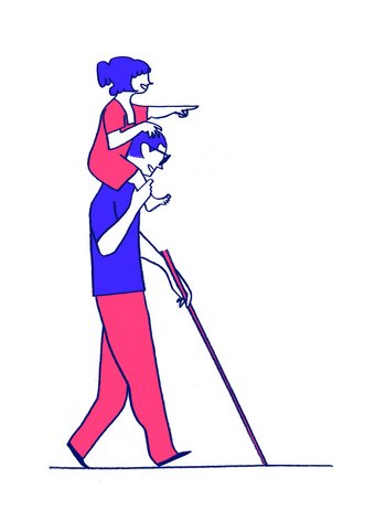 Dessin d'un père en train de porter sa petite fille sur ses épaules et qui lui montre la direction avec son bras.