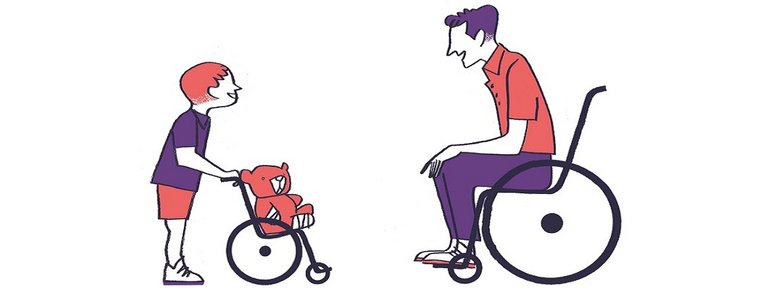 Dessin d'un père en fauteuil roulant dont le fils joue avec un ours en peluche dans un mini-fauteuil roulant