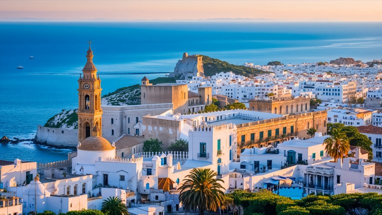 Eine Stadt mit weissen Häusern am Meer in Ibiza