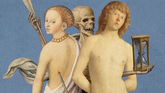 Gemälde mit einer Frau und einem Mann. Hinter den beiden steht ein Skelett, der Tod. In der einen Hand hält es eine Sense, in der anderen eine Sanduhr. 