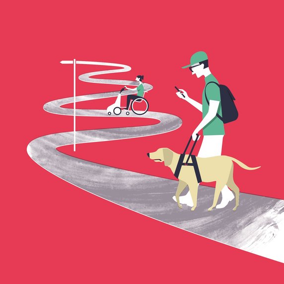 Dessin de randonneurs handicapés moteurs et visuels
