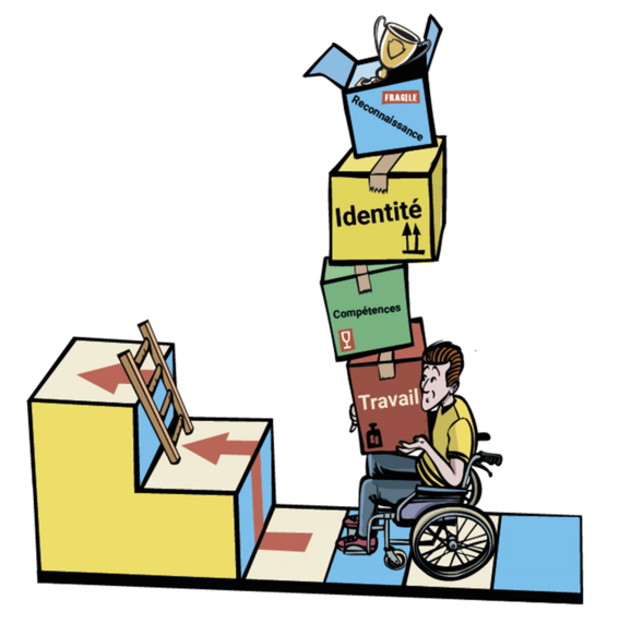 Une personne en fauteuil roulant se dirige vers un escalier, chargée de caisses.