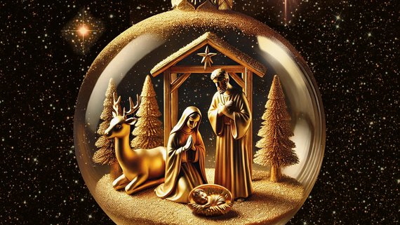 Christbaumkugel. Im Innern sieht man den Stall von Bethlehem, Josef und Maria und das Jesuskind. Neben dem Stall stehen Tannenbäume. Neben Maria liegt ein Hirsch.