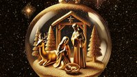 Christbaumkugel. Im Innern sieht man den Stall von Bethlehem, Josef und Maria und das Jesuskind. Neben dem Stall stehen Tannenbäume. Neben Maria liegt ein Hirsch.