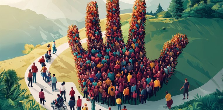 Eine Menge Leute formt eine Hand aus Menschen