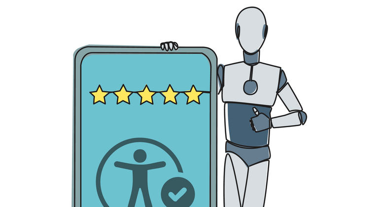 Un robot se tient à côté d'un smartphone surdimensionné.