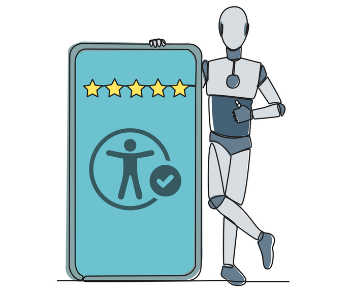 Un robot se tient à côté d'un smartphone surdimensionné.